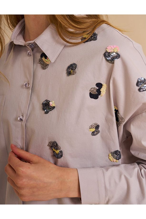 Pul Payet İşlemeli Poplin Tunik Açık Gri - 6
