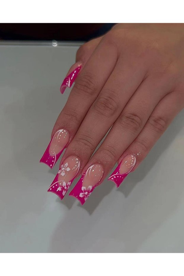 Pink 24 sweet cherry blossom red printed coffin full cover fake nails, French white, suitable for wo