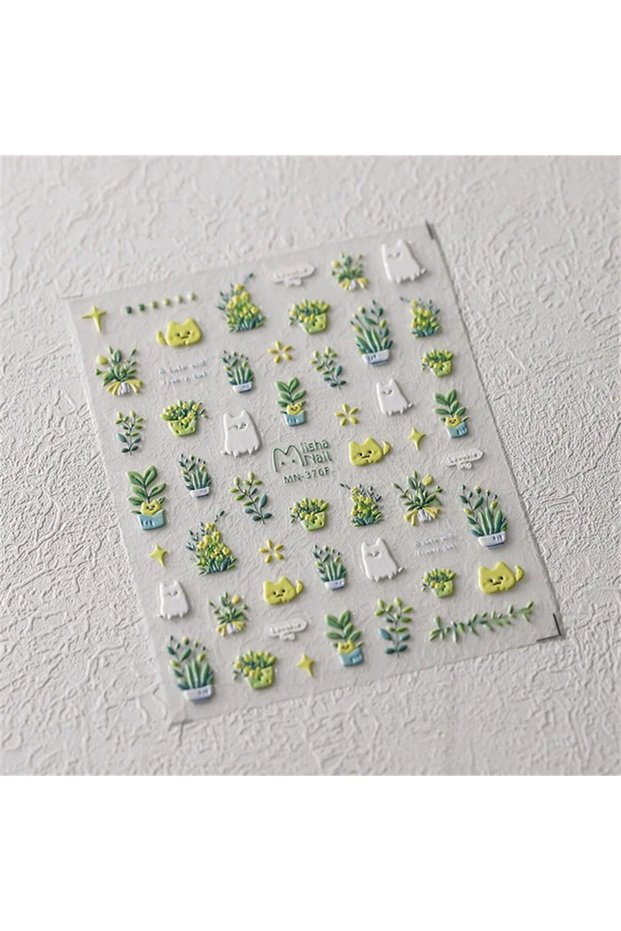 1pcs MN-376F 1Pcs Lovely Cat Green Potted Plant Flowers Nail Stickers 5D Reliefs Self Adhesive Nail