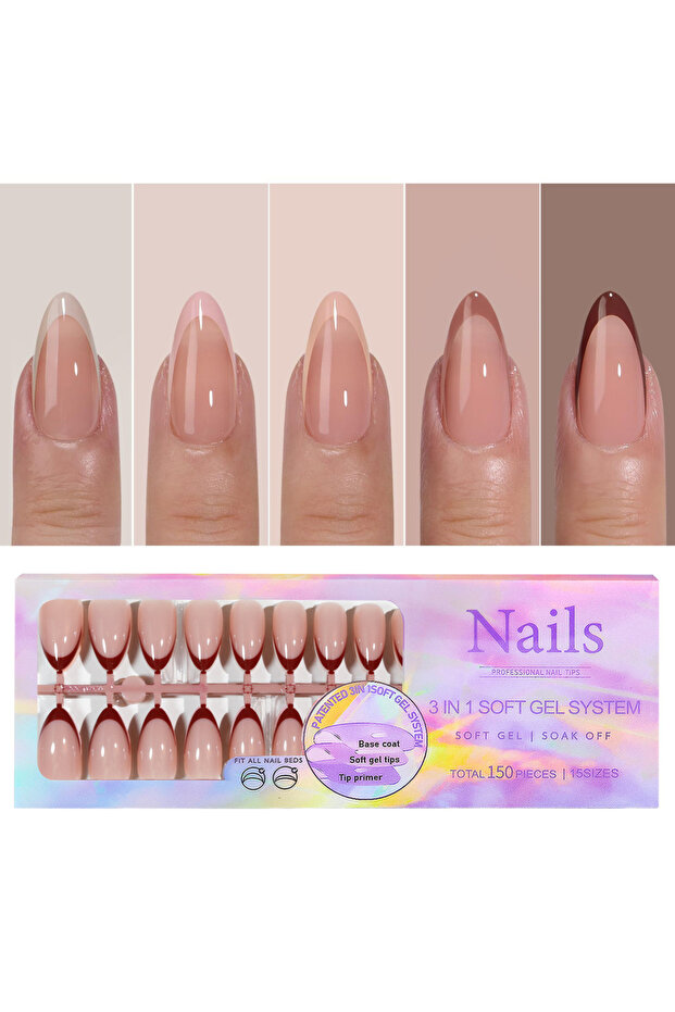 04 150pcs Multi-size False Nail Press On Acrylic Nails Almond French Wearing Armor Removable Conveni