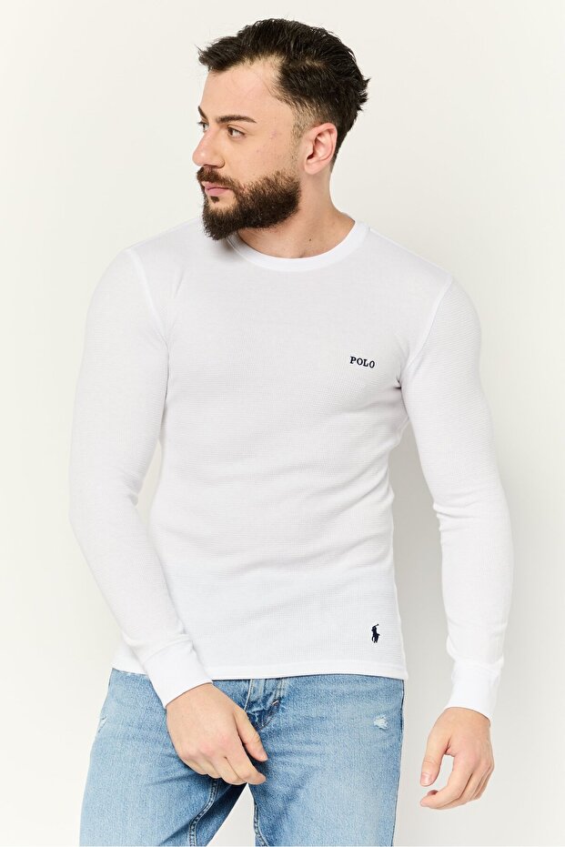 Men Crew Neck Long Sleeve Embroidered Logo Sweatshirt, White - 1