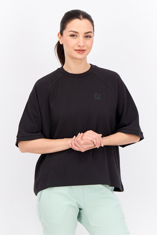 Women Sportswear Fit Short Sleeve Outdoor Sweatshirt, Black - 1