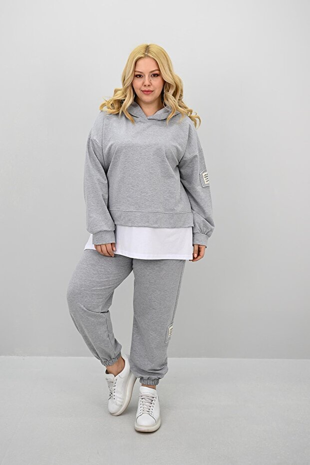 Women's Large Size Long Sleeve Hooded Rubber Leg Sweatpants Set 8180-25