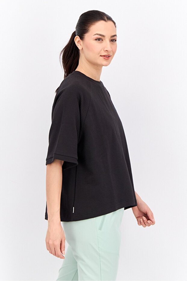 Women Sportswear Fit Short Sleeve Outdoor Sweatshirt, Black - 2