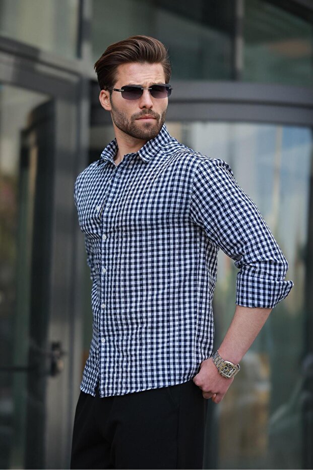Navy Blue Gingham Long Sleeve Men's Shirt E6763