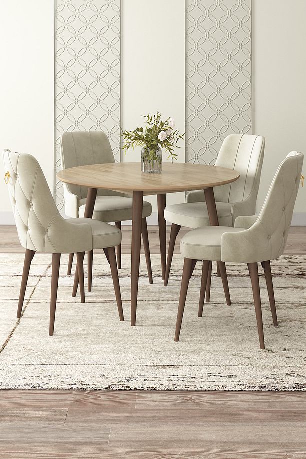 Linya 4 Sandalyeli Yuvarlak 90x90 Ceviz Ahşap Ayak MDF Mutfak Tekli Yemek Masası - 1