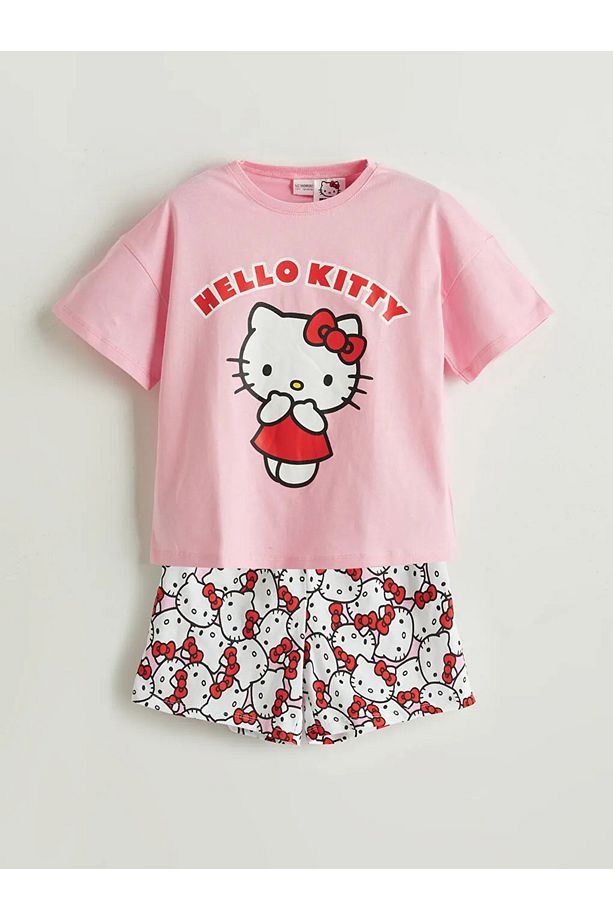 LCW Kids Pembe Bisiklet Yaka Hello Kitty Baskılı Kız Çocuk Şortlu Pijama Takımı - 1