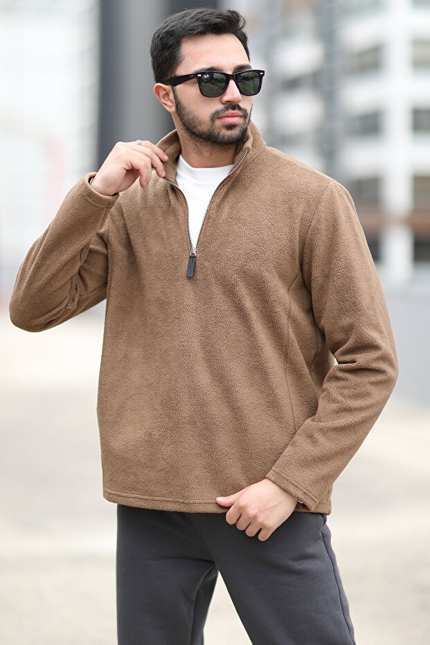 Men's Winter Fleece Sweatshirt Brown Half Zipper Stand Collar Throat - 6053