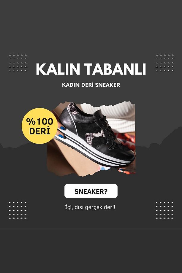 Kadın Hakiki Deri Siyah Sneaker Ayakkabı Yüksek Taban Spor Ayakkabı Kalın Tabanlı Platform Sneakers - 5