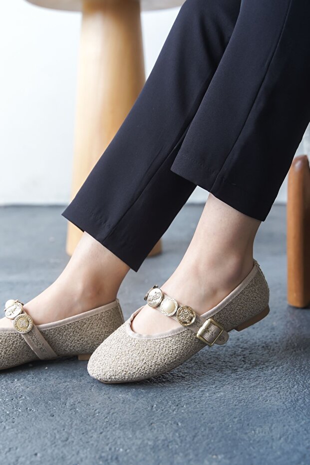 Kadın Venily Pullu Düz Babet - Ten - 4