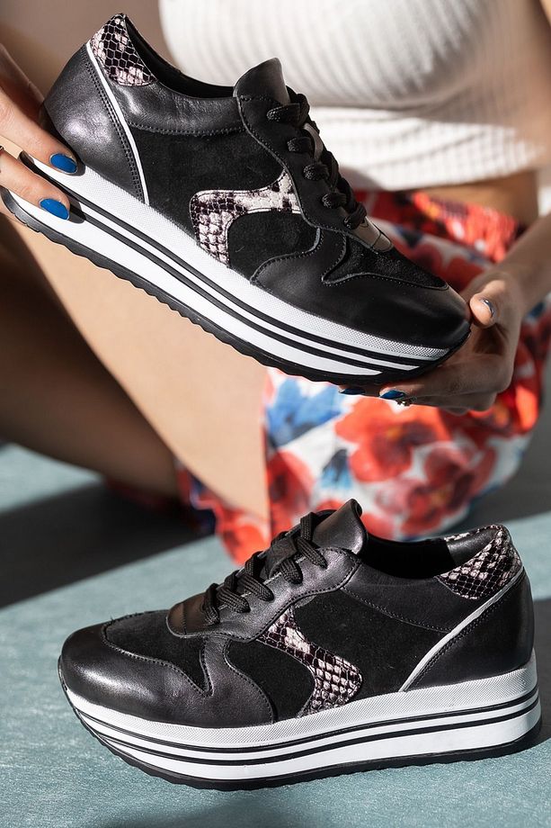 Kadın Hakiki Deri Siyah Sneaker Ayakkabı Yüksek Taban Spor Ayakkabı Kalın Tabanlı Platform Sneakers - 1