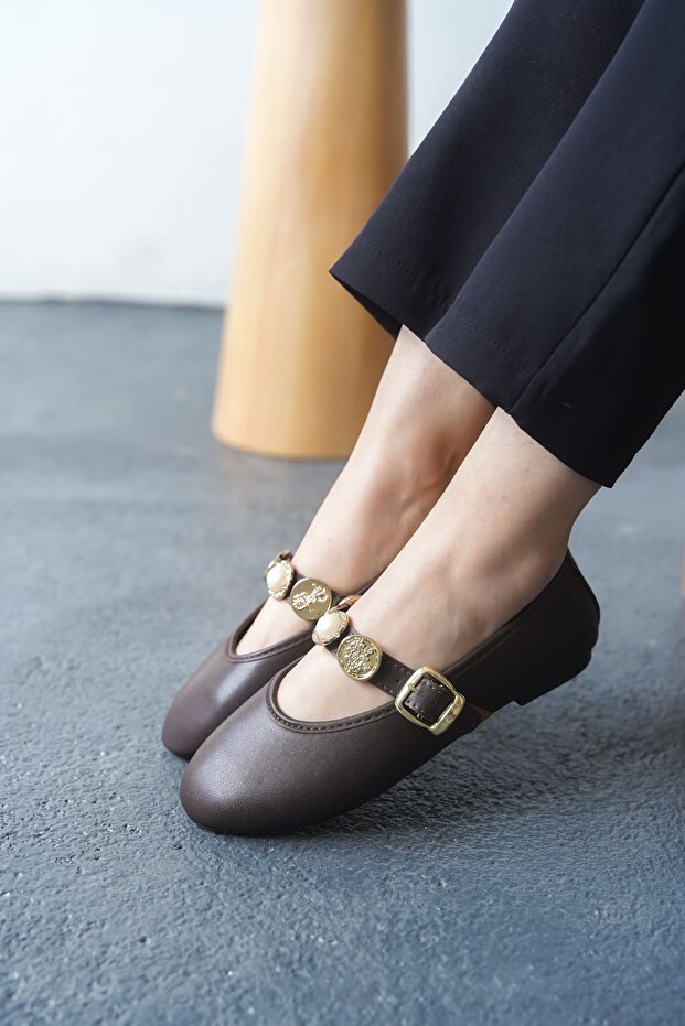 Kadın Venily Pullu Düz Babet - Kahve-Deri - 3