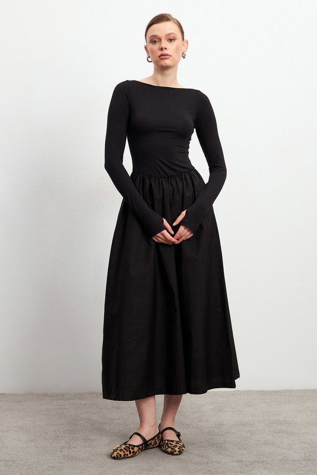 Women's Black Boat Neck Finger Detail Maxi Length Above Cotton Skirt Part Woven Cotton Flared Dress