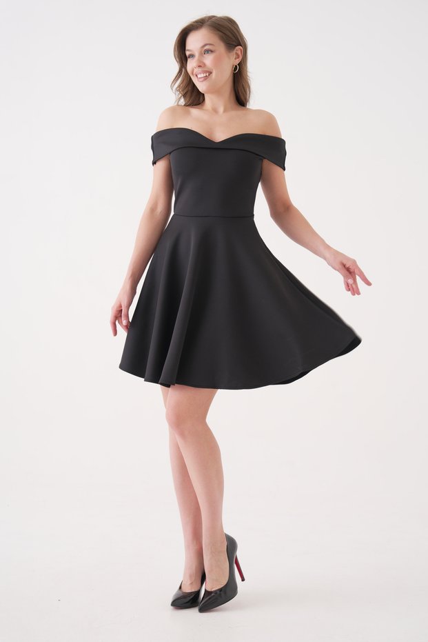 Flexible Scuba Fabric Kiss Neckline Black Evening Dress Graduation Dress 019