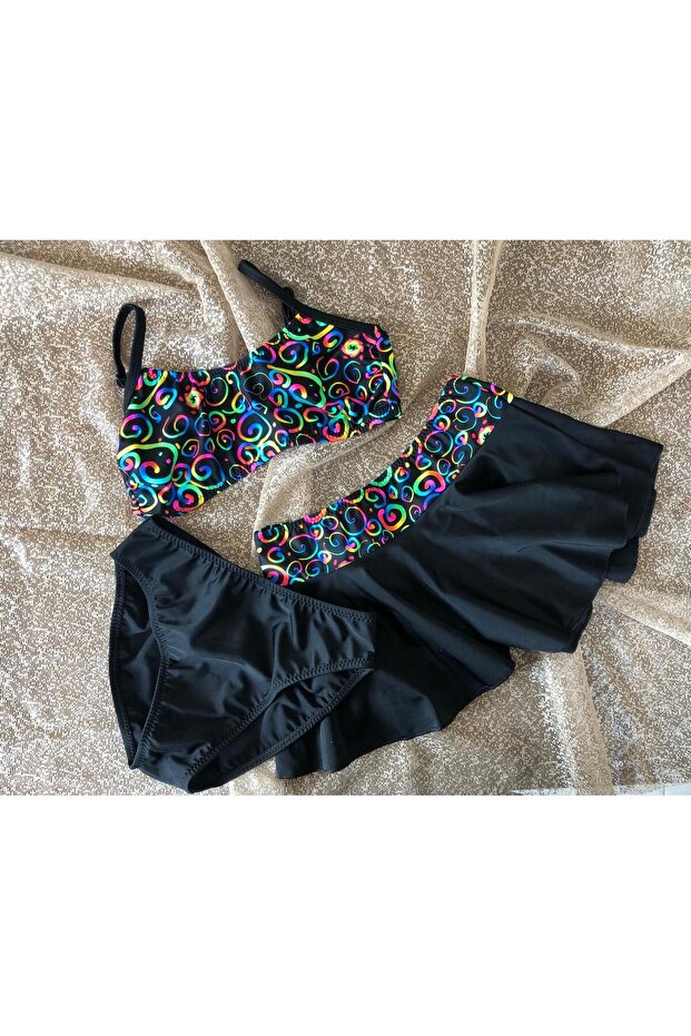 Girl's Waiter Flexible Adjustable Strap Black Colorful Patterned Skirt Bikini Suit