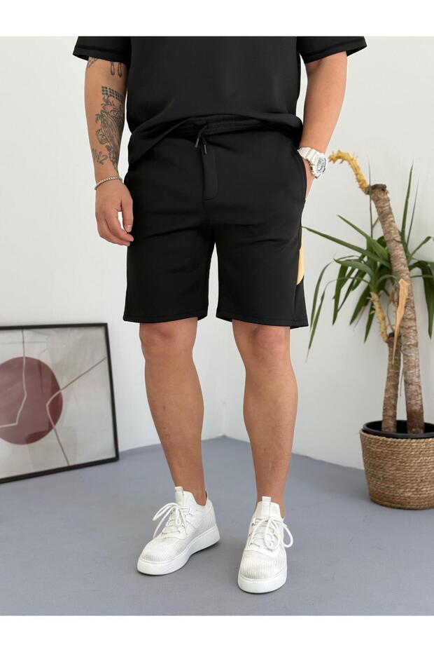 Black Beige Scuba Pocket Piece Back Pocket Zipper Shorts