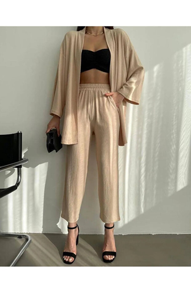 Women's Relaxed Cut Kimono Beige Bottom Long Top Summer Suit