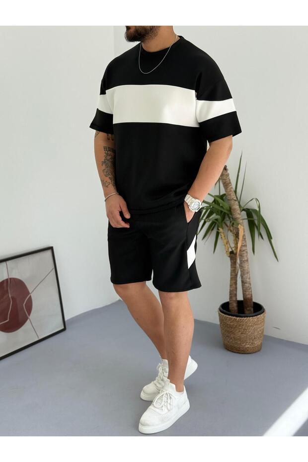 Black and White Men's Scuba Fabric Shorts T-Shirt Bottom Top 2 Piece Set