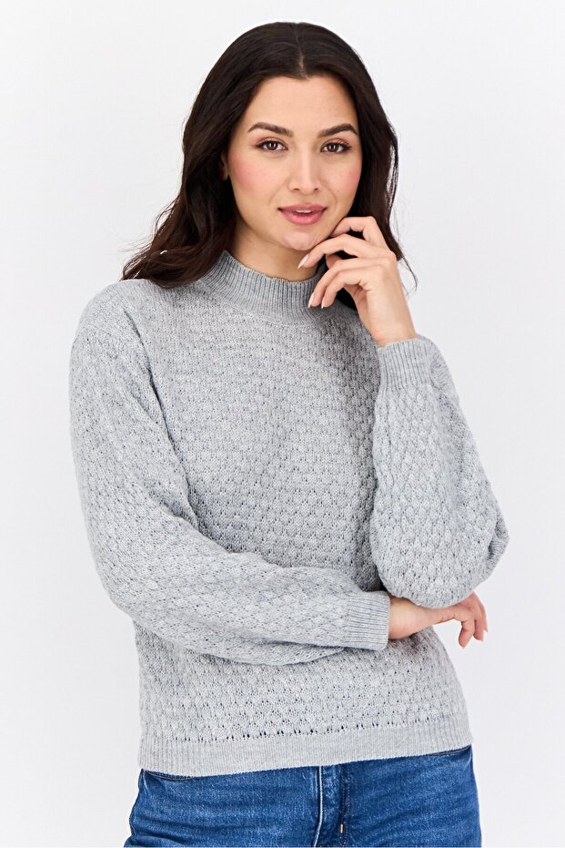 Women Ribbed Collar Knitted Sweaters, Grey
