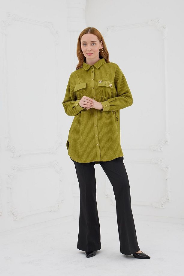 Büzgü Detaylı Kapitone Gömlek - Olive - 1