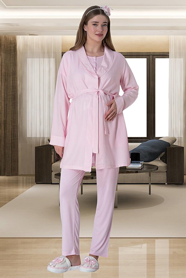 Mecit 6001 Pink Striped Maternity Pajamas Set with Dressing Gown