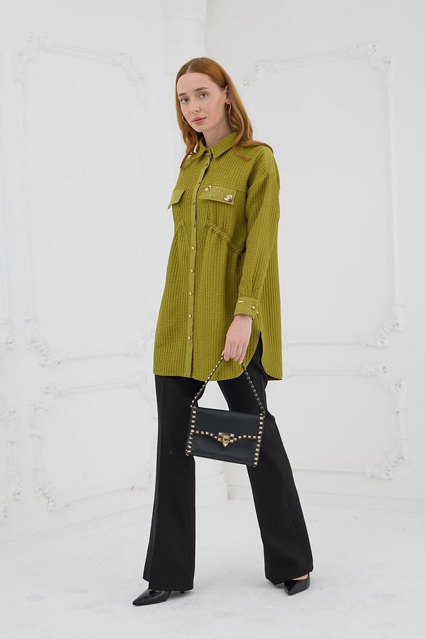 Büzgü Detaylı Kapitone Gömlek - Olive - 4