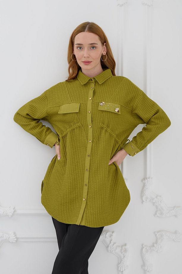 Büzgü Detaylı Kapitone Gömlek - Olive - 7