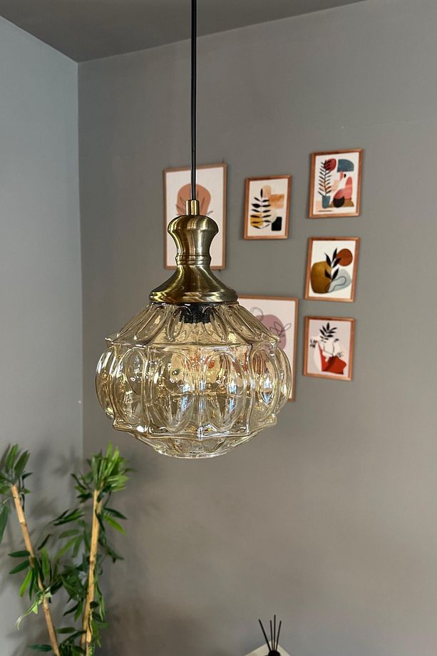 Şila Cam Bal Rengi Tekli Avize Eskitme Tokmak Başlık Retro Sarkıt Lamba Salon Aydınlatma - 1