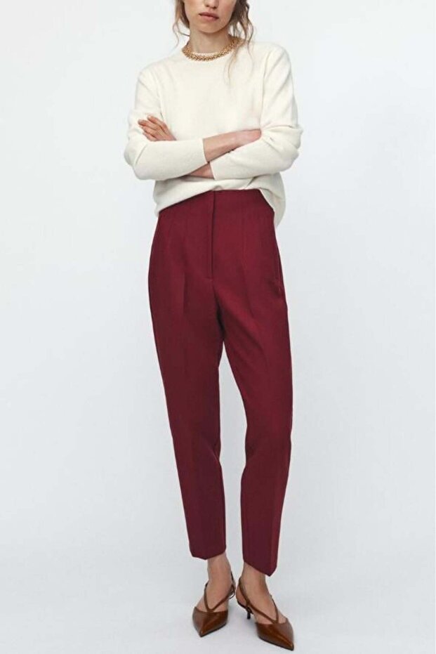 Burgundy Front Bias High Waist Women's Trousers Mg2425