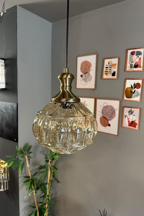 Şila Cam Bal Rengi Tekli Avize Eskitme Tokmak Başlık Retro Sarkıt Lamba Salon Aydınlatma - 3