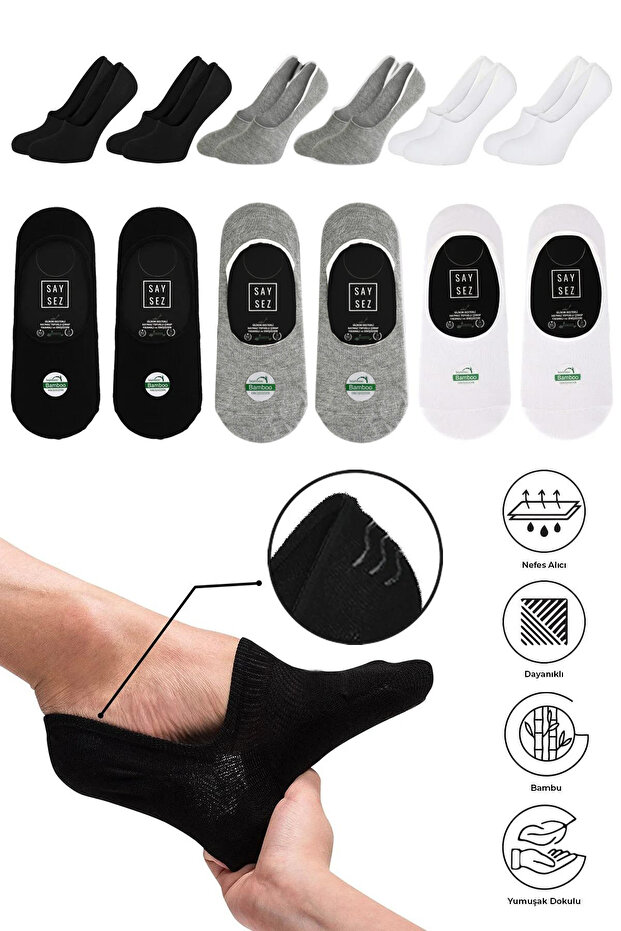Bamboo Men's Ballerina Socks Black-White-Grey Seamless Invisible Non-Slip Heel Silicone Premium 6-Piece Pack