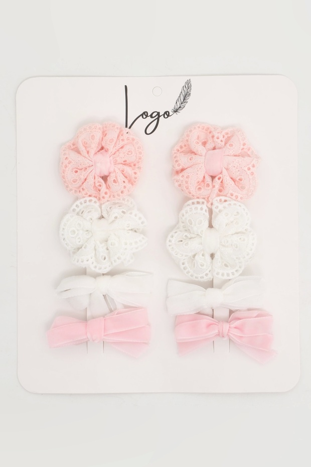 Pink Ecru Lace Velvet Bow 8-Piece Ribbon Bow Clip Buckle Set