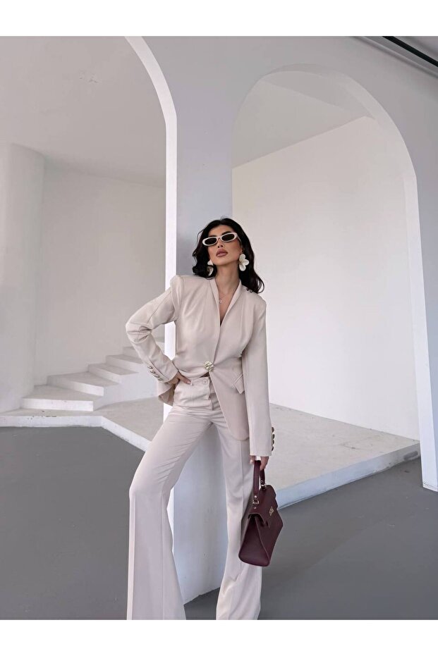 Women's Beige Button Suit