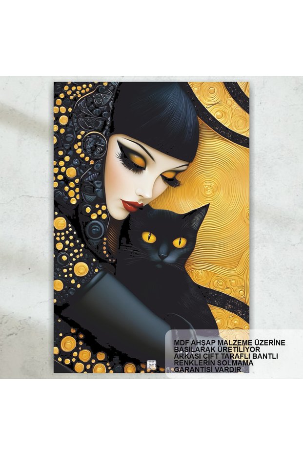 Black Black Cat and Young Woman Oil Painting Home Decoration Painting Retro Wood Poster