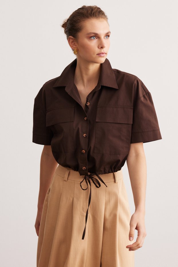 Brown Lacing Detailed Double Pocket Short Sleeve Crop Shirt