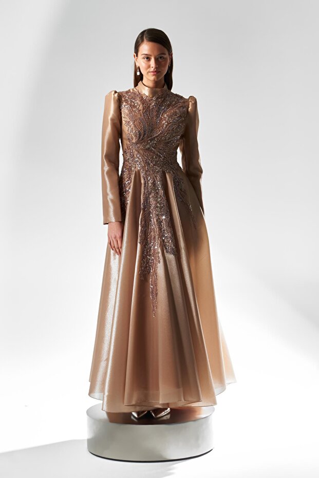 Long Sleeve Sequined Hijab Evening Dress