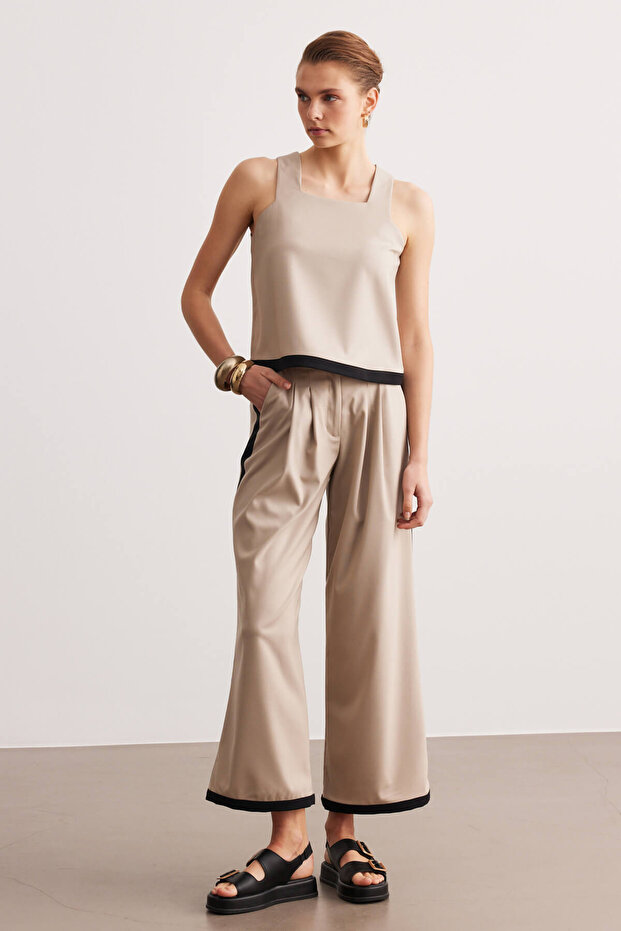 Beige Double Pleated Garnished High Waist Trousers