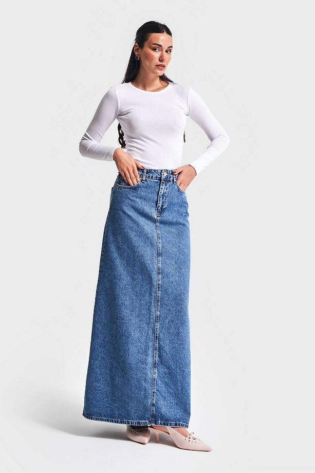 Kadın Kot Rengi 3S5-4 Çan Kesim %100 Koton Maxi Boy 100 cm Denim Etek - 6
