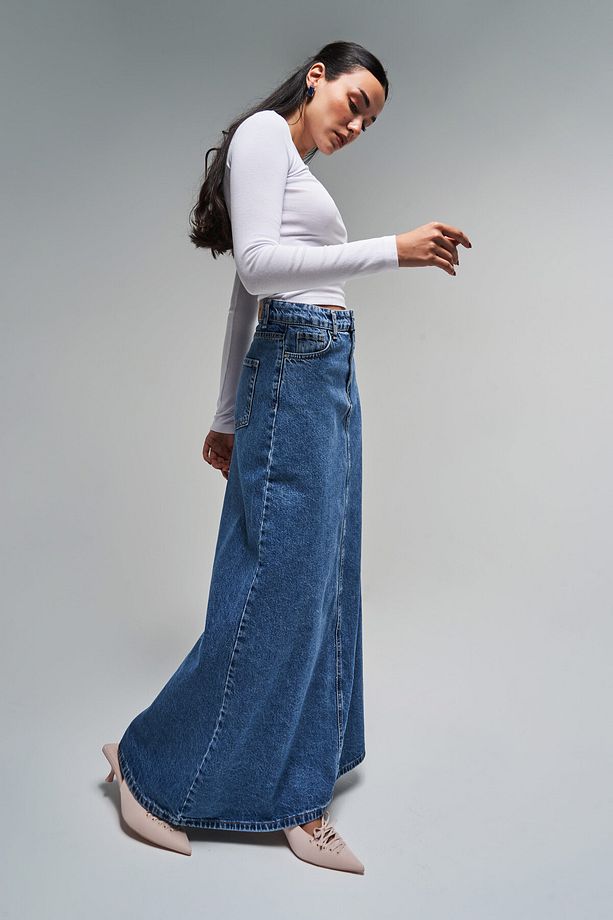Kadın Kot Rengi 3S5-4 Çan Kesim %100 Koton Maxi Boy 100 cm Denim Etek - 4