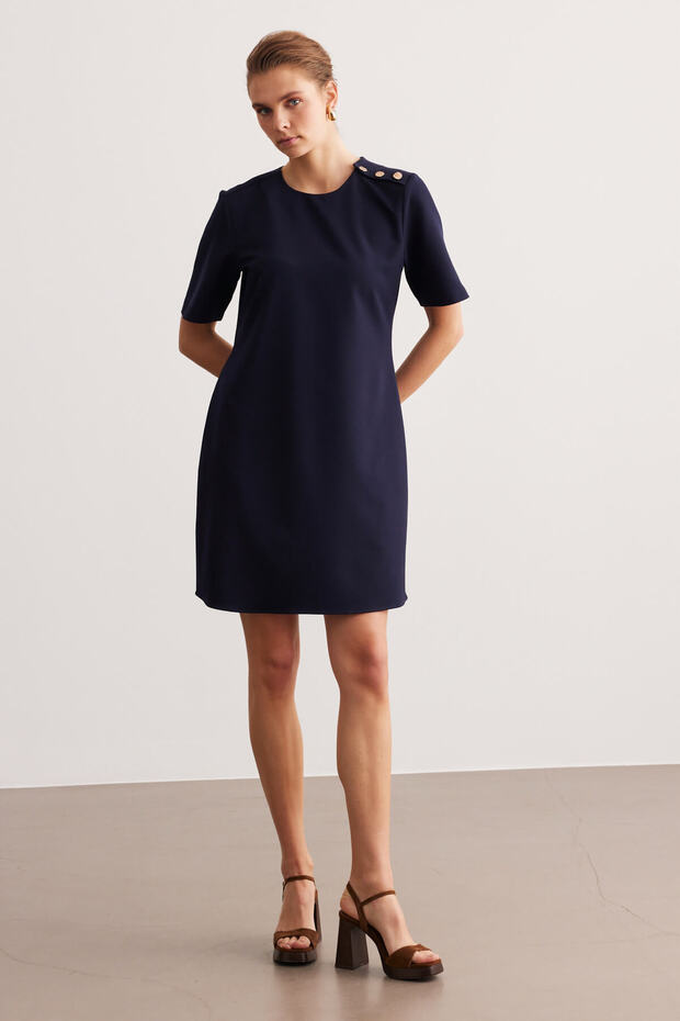 Navy Blue Buttoned Crepe Dress
