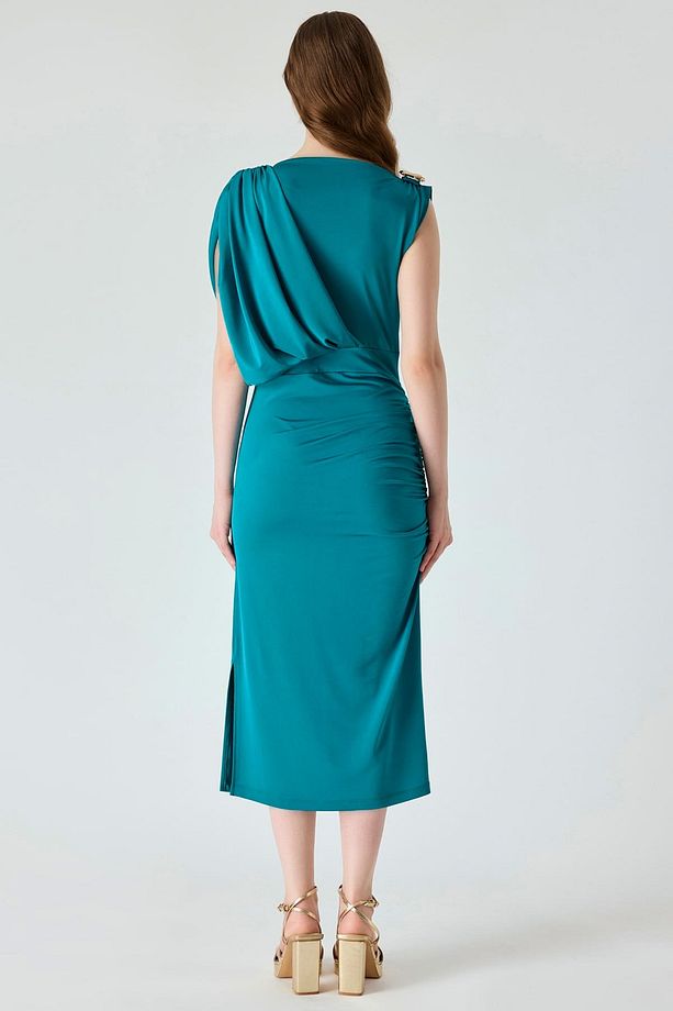 Drape detaylı örme elbise - 3