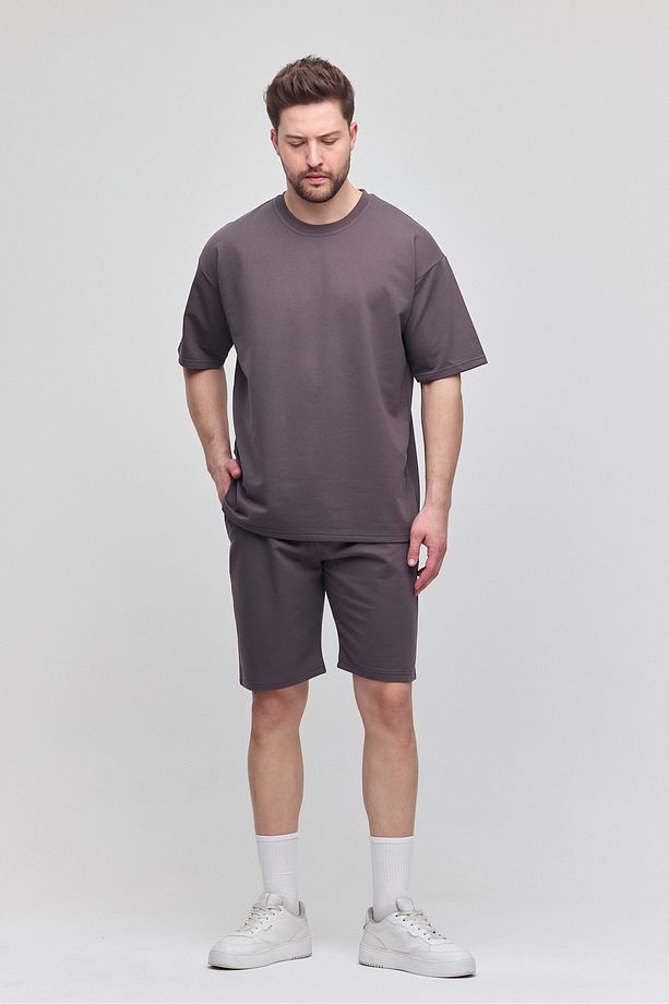Erkek 2'li Set Relaxed Fit Rahat Kalıp Yazı Şardonsuz Füme Eşofman Takımı - 1