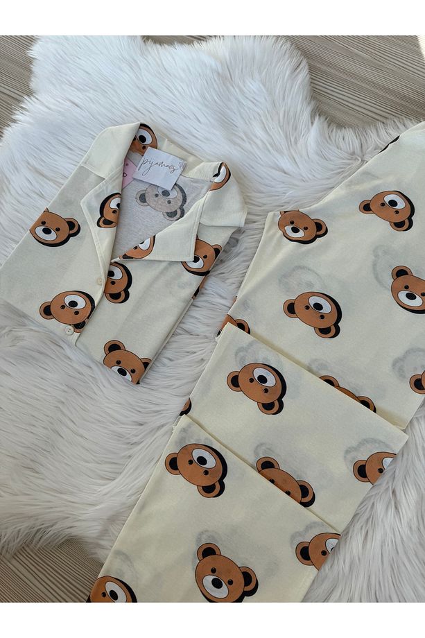 Krem Ayıcık Desenli Pamuklu Kısa Kol Gömlek Yaka Pijama Takımı - 5