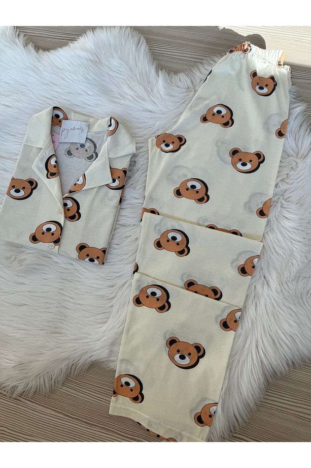 Krem Ayıcık Desenli Pamuklu Kısa Kol Gömlek Yaka Pijama Takımı - 4