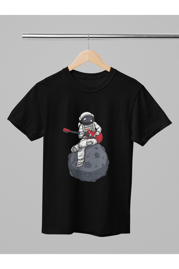 Women/Men 100% Cotton Guitar Playing Astronaut Transfer Printed Round Neck Short Sleeve Tee