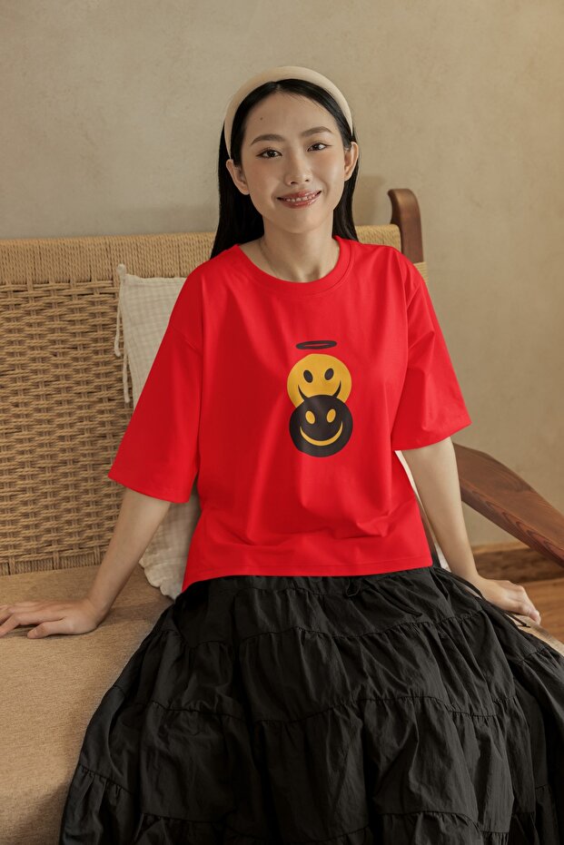 Women/Men 100% Cotton Smiling Face Transfer Printed Round Neck Short Sleeve Tee