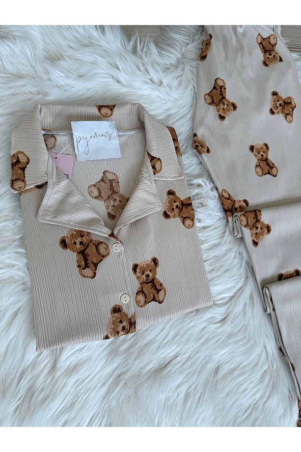 Ekru Ayıcık Desenli Kısa Kol Pegasus Pijama Takımı - 3