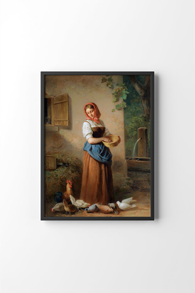 Girl Feeding Chicken and Pigeons - Black Frame
