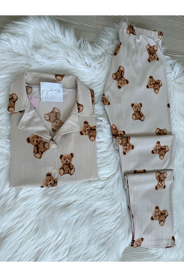 Ekru Ayıcık Desenli Kısa Kol Pegasus Pijama Takımı - 2