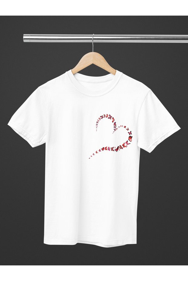 Women'S/Men's 100% Cotton Heart Butterfly Transfer Printed Round Neck Short Sleeve T-Shirt